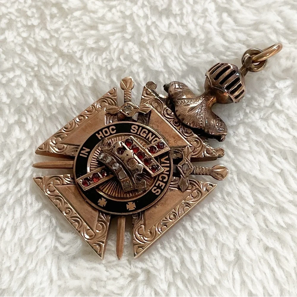 Antique 10K Gold Knights Templar Jeweled Pendant – Garnet Diamond Cross Masonic
